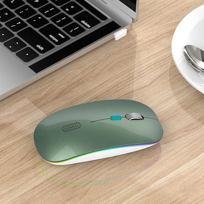TENMOS Wireless Bluetooth Mouse, LED Slim (Bluetooth 5.1 + USB) 2.4GHz Rechargeable Silent Bluetooth Wireless Mouse for Laptop/MacBook/iPad OS 13 and Above (Blackish Green)