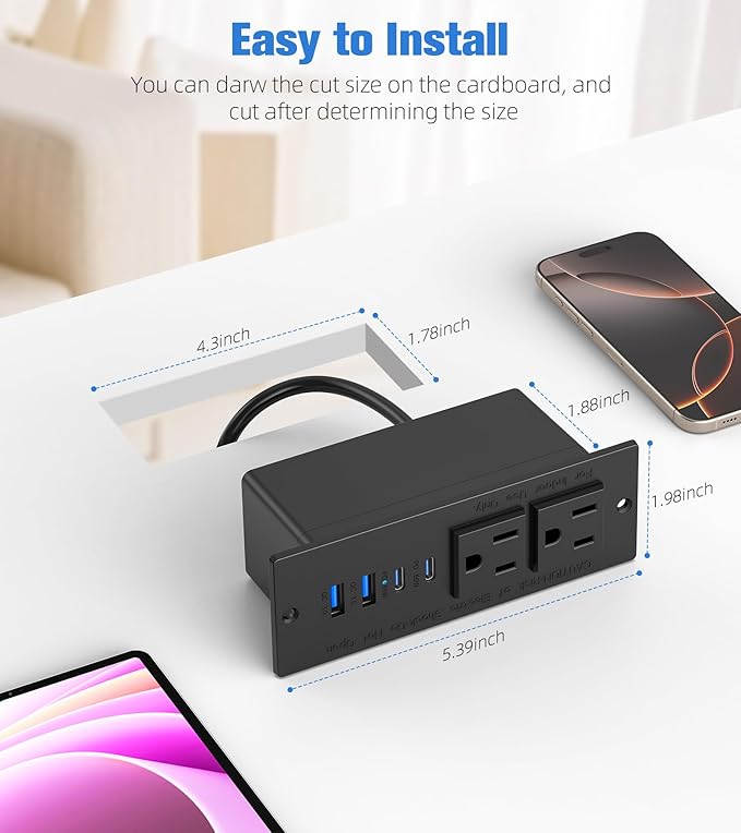 65W Furniture Drawer Outlet, Recessed Outlet with 4 USB Ports & 2 AC Outlets, Recessed Power Strip for Home, Office, 14 AWG-6FT Spring Cord(Black)