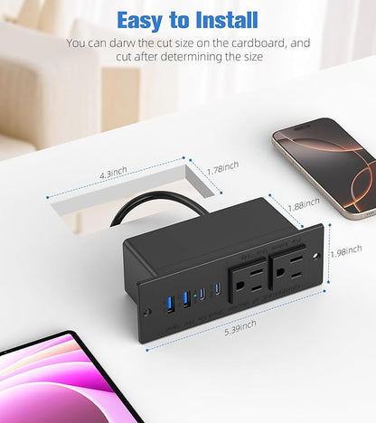 65W Furniture Drawer Outlet, Recessed Outlet with 4 USB Ports & 2 AC Outlets, Recessed Power Strip for Home, Office, 14 AWG-6FT Spring Cord(Black)