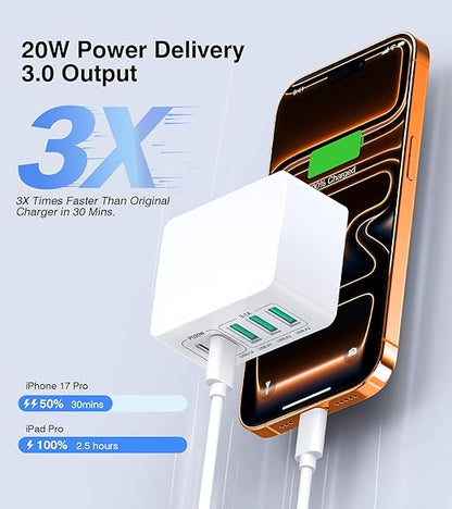 USB C Charger Block Thin Flat 50W 5-Port Wall Charger 2-Pack Type C Fast Charger Cube, PD&QC Wall Plug Power Adapter Compatible for iPhone 14/15/16/17, iPad, Airpods, iwatch, Samsung