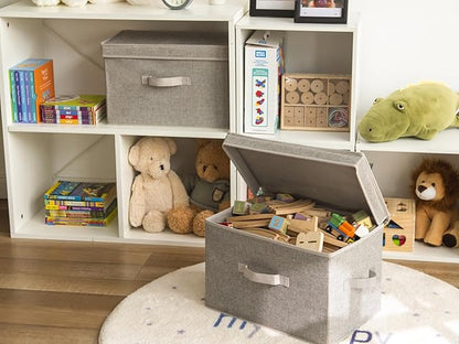 StorageWorks Fabric Storage Bins with Lid, Decorative Storage Boxes for Shelves, Stackable Closet Organizer Basket with Handles, Large, Gray, 2-Pack