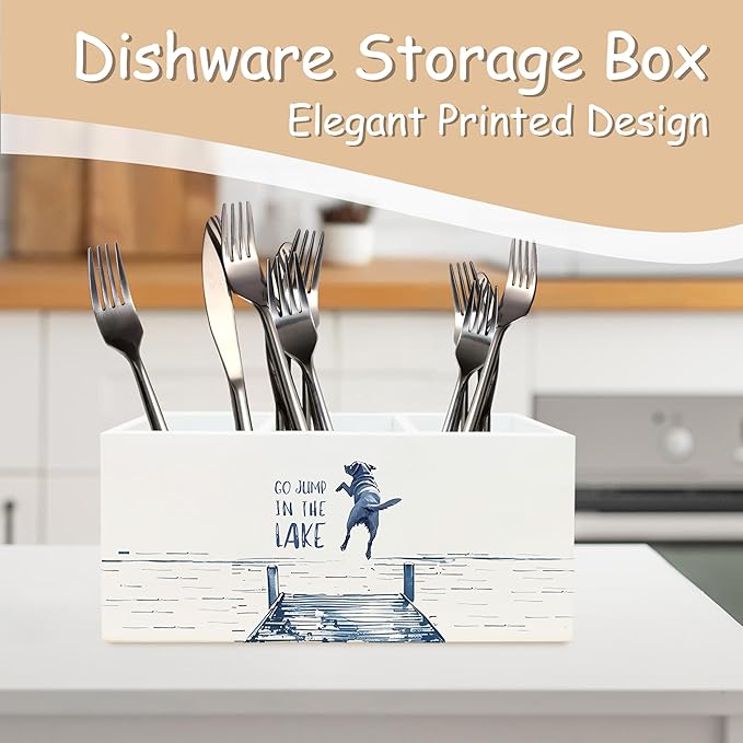 Go Jump in the Lake Pen Pencil Holder Organizer for Desk, Gifts for Lake Lovers, Funny Lakeside Dog Wooden Box Block Sign for Home Office Tabletop Decor, Dog Lovers Gifts