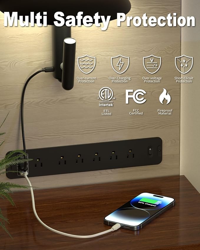 Recessed Power Strip Extension - 10 Outlet Surge Protector with 6 AC - 2 USB-A（18W） and 2 USB-C（PD20W） Ports - Flush Mount Desk Outlet with 6 Feet Cord - for Conference Table (Black)