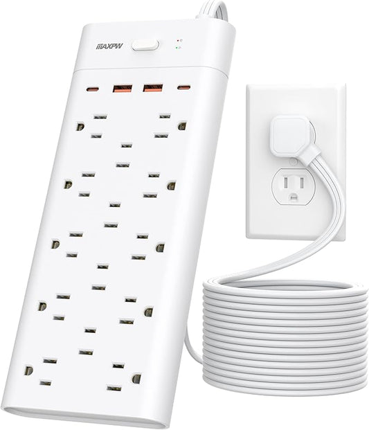 Power Strip Surge Protector Outlet Extender with 14 Outlets and 4 USB Ports (2 USB C), 15 Ft Extension Cord & Flat Plug, 1700 Joules, Wall Mount for Home, Office, Dorm, White