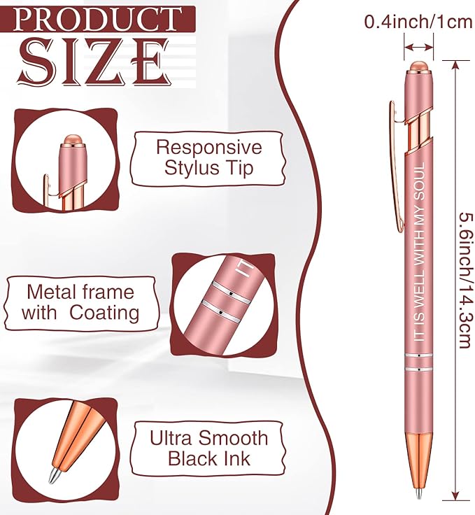 Zonon 12 Pcs Inspirational Pens Bulk Funny Ballpoint Pen with Stylus Tip Motivational Gifts for Christmas Teacher Coworkers Nurse School Office Supplies(Rose Gold,Bible Style)