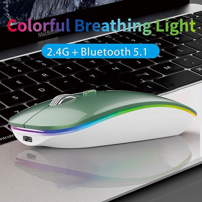 TENMOS Wireless Bluetooth Mouse, LED Slim (Bluetooth 5.1 + USB) 2.4GHz Rechargeable Silent Bluetooth Wireless Mouse for Laptop/MacBook/iPad OS 13 and Above (Blackish Green)