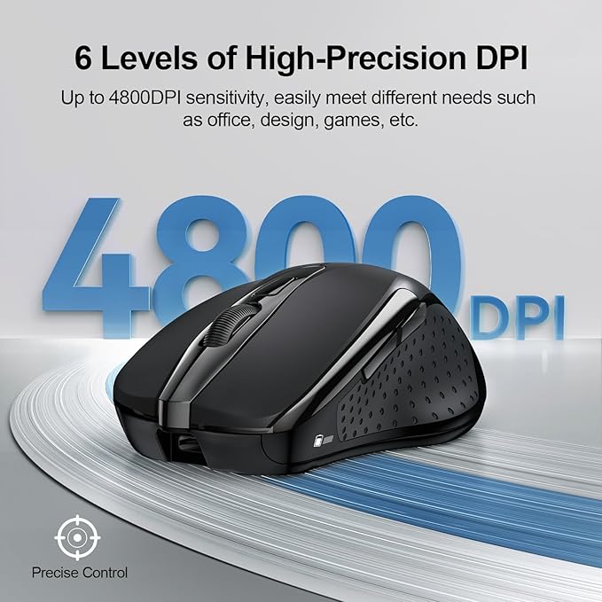 TECKNET Wireless Mouse Rechargeable, 2.4G USB-A Silent Mouse, Quiet Click, 6 Adjustable 4800 DPI, Cordless Computer Mice, Ergonomic Mice for Laptop, 6 Buttons for Chromebook, Ergo Grip - Black