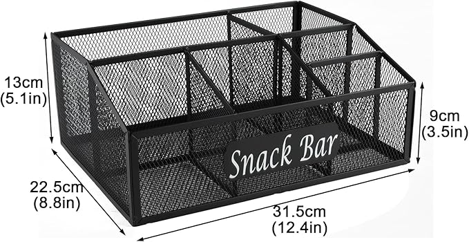 Snack Organizer for Pantry Shelf, Metal Snack Organizer Snack Basket, 6 Compartment Snack Bin Holder Chip Organizer, Snack Bar Station Organizer, Kitchen Pantry Organizer and Storage (Black)