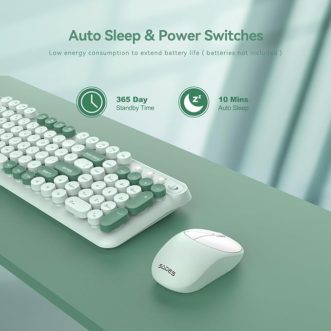 Wireless Keyboard and Mouse,Cute Retro Typewriter Computer Keyboard and Mouse Sets,Full Size 2.4G Cordless Colorful Round Keycaps Keyboard with Silent Mouse for PC Windows Laptop Office-Multi Green