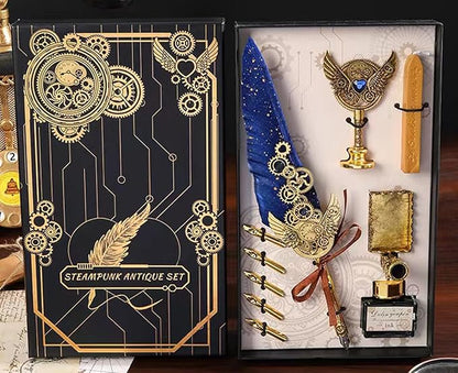 Quill Feather Pen and Ink Set,Calligraphy Set,Calligraphy Kits Include Antique Quill Feather Pen,Handcraft Wooden Pen,6 Nibs,2 Bottles Inks,Pen Holder for Beginners Birthday Gift（blue）