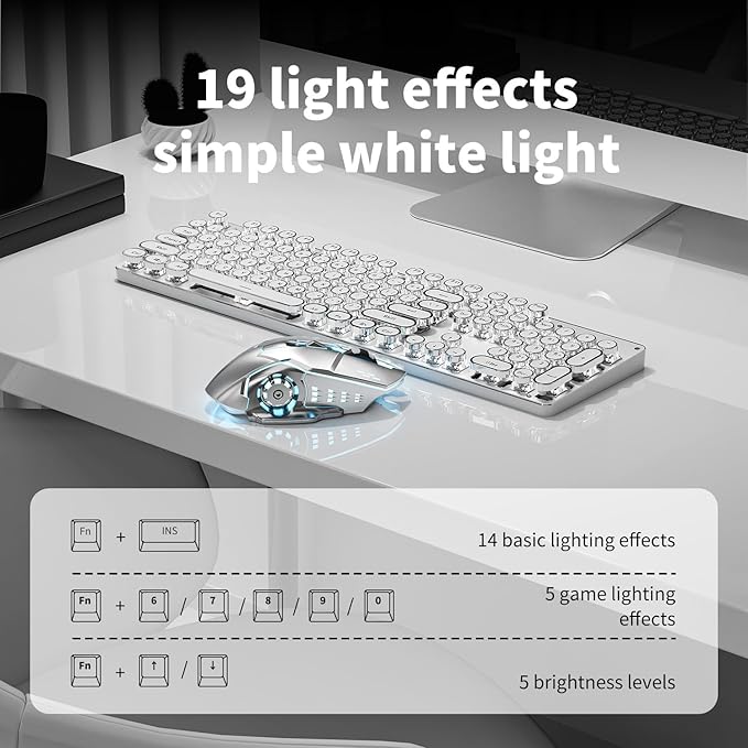 TK950 Wireless Typewriter Keyboard and Mouse Combo,104 Keys Retro Typewriter Mechanical Keyboard with White Backlit, Anti-Ghosting, Blue Switch, Bluetooth/2.4G/Wired Cute Gaming Keyboards-White