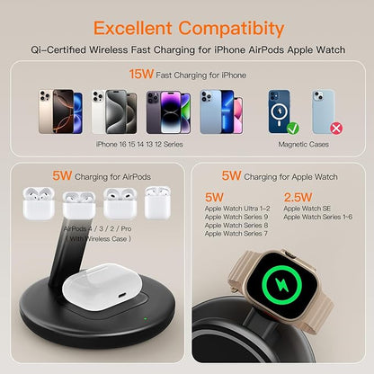 2025 Apple 5W Fast iWatch Charging,3 in 1 Charging Station for Apple Devices,Mag-Safe Charger Stand,Wireless Charger for iPhone 17/16/15/14/13/12 Series,& AirPods（Black）
