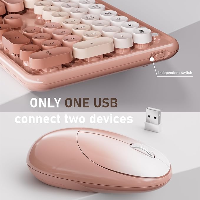 UBOTIE Wireless Keyboard and Mouse Combo with Phone Holder and Wrist Rest, Round Colorful Keys, Power Switches, 2.4GHz USB Receiver, Full-Size QWERTY Layout for PC Laptop（Peach