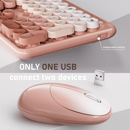 UBOTIE Wireless Keyboard and Mouse Combo with Phone Holder and Wrist Rest, Round Colorful Keys, Power Switches, 2.4GHz USB Receiver, Full-Size QWERTY Layout for PC Laptop（Peach