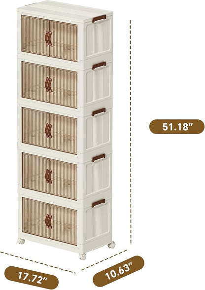 35 QT Large Plastic Storage Bins with Lids Open Front, Stackable Storage Containers with Wheels for Clothes, Home, Room, White, 5 Tiers