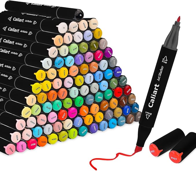 Caliart Markers, 100 Colors Dual Tip Art Markers Sketch Pens Permanent Alcohol Based, with Case for Adults Artists Drawing Illustration Sketching Coloring (Black Barrel)