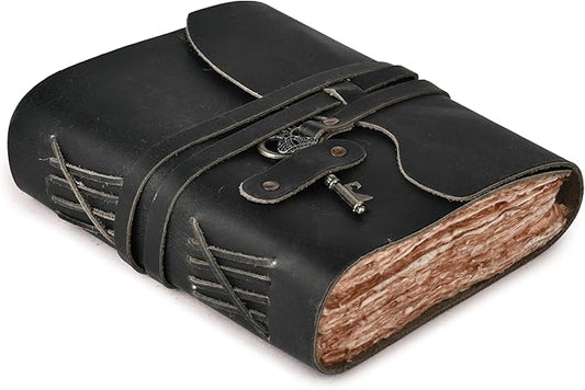 LEATHER VILLAGE Vintage Leather Journal – 200 Handmade Vintage Deckle Edge Paper – Leather bound Journal For Women Men – Vintage Key Closure - Book of Shadows - Black - 10X7 inches