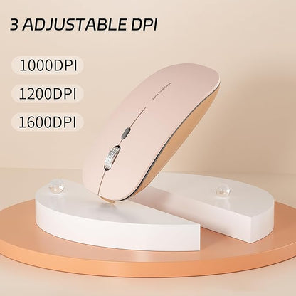 Uciefy Q5 Slim Rechargeable Wireless Mouse, 2.4G Portable Optical Silent Ultra Thin Wireless Computer Mouse with USB Receiver and Type C Adapter, Compatible with PC, Laptop, Desktop - Light Pink