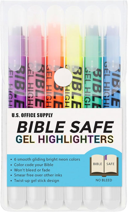 U.S. Office Supply Gel Highlighters, 6 Pack, Neon Fluorescent Colors - Bible Safe, No Bleed, Fade or Smear