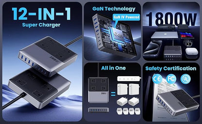 12-in-1 Charging Station USB C Power Strip with 5ft Cord and Plug,200W GaN IV USB C Charger Block,4 AC Outlets,4 USB-A,4 USB-C for MacBook,iPhone 17/16/15,Fast Charging Desktop Charger for Office,Home