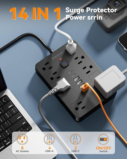 Surge Protector Power Strip - 8 Outlets(1850W/15A) with 6 USB Ports（2 USB C, 10FT Flat Plug Extension Cord, Wall Mount Multi Plug Outlet Extender, ETL Listed for Home, Dorm Room, Black