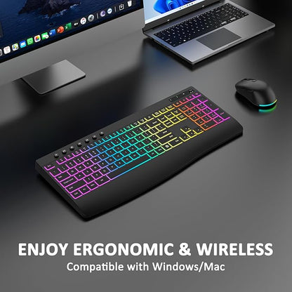 Wireless Keyboard and Mouse Combo, 9 Backlit Effects, Rechargeable 4000mAh Backlit Keyboard with Wrist Rest, 6 Button Mouse, 2.4G Full Size Quiet Keyboard Set for Computer, PC, Laptop, Mac, Windows