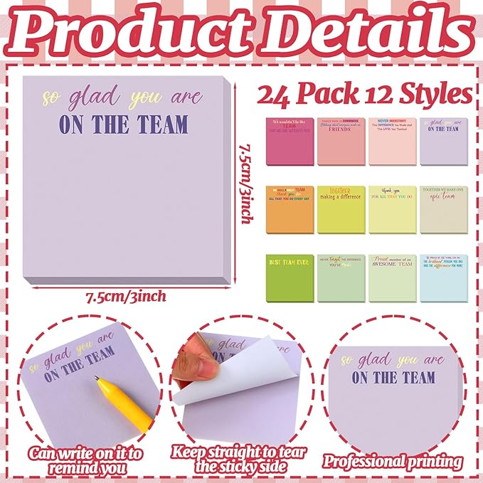 Yinder 24 Pcs Employee Appreciation Sticky Notes Xmas Gift Bulk Motivation Note Pads Mini Inspirational Note Gift for Teacher Nurse Staff Coworker Office Supply 3 x 3'' (Appreciation,Vivid)