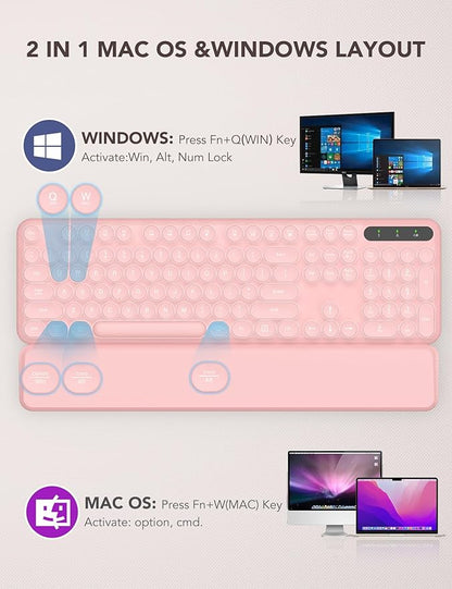 Wireless Keyboard and Mouse Backlit - Typewriter Keyboard with Retro Round Keycaps, Detachable Wrist Rest, Light Up Letters, 2.4G Rechargeable Combo for Mac, Windows, PC, Laptop, Trueque (Pink)