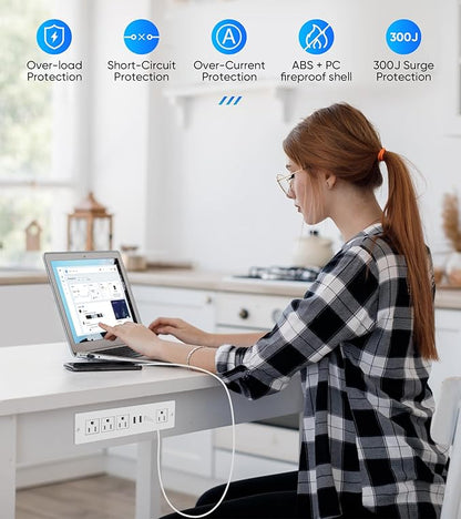 VILONG Recessed Power Strip with PD 20W USB-C, Flush Mounted Drawer Outlet, 4 Outlets & 3 USB Ports, Conference Desktop Built in Power Strip, 6.5FT Extension Cord(White)