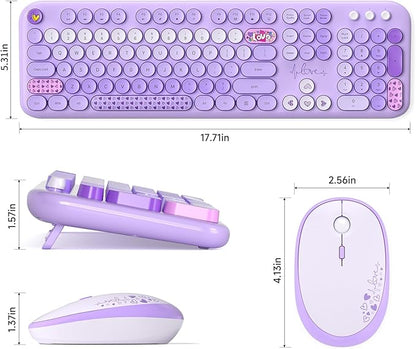 MOFII Wireless Keyboard and Mouse Combo, Full Size 2.4G Plug and Play Typewriter Retro Round Computer Keyboard and Mouse Set for Windows, Computer, Desktop, PC, Notebook - (Purple Colorful)