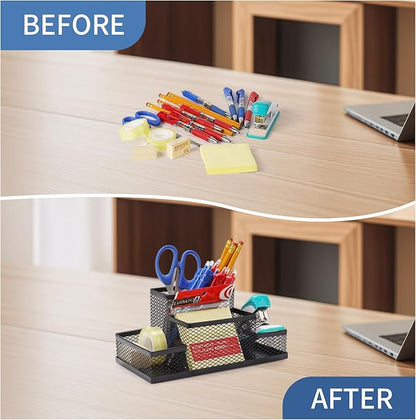 Ludato Desk Organizers Pen Holder for Desk, 4 Compartments Black Mesh Pen Holder Storage for Office Desk Accessories