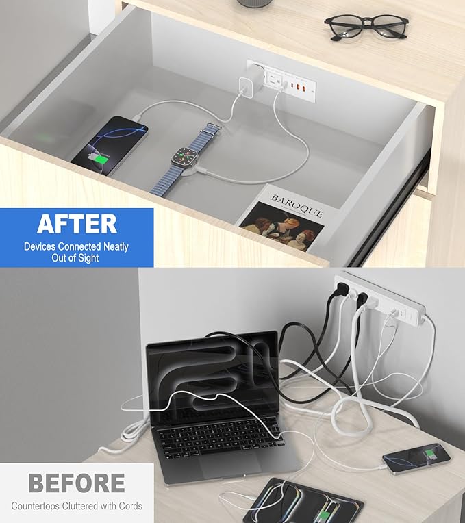 30W Drawer Outlet, Furniture Recessed Power Strip with 4 USB Ports & 2 AC Outlets, Recessed Outlet for Conference Rooms, Office Tables, Furniture, 5FT Spring Cord (ETL Listed)