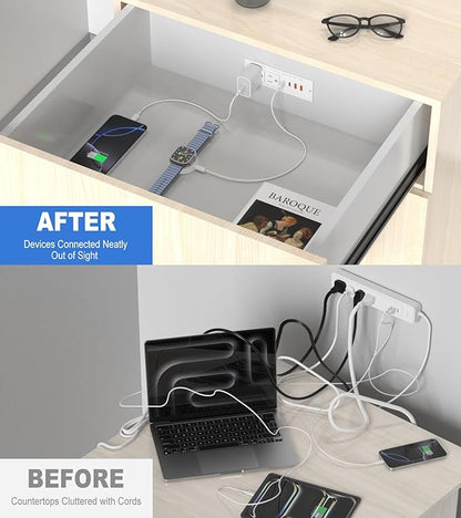 Drawer Outlet, Furniture Recessed Power Strip with 4 PD 30W USB Ports & 2 AC Outlets, Recessed Outlet for Conference Rooms, Office Tables, Furniture, 10FT Spring Cord (ETL Listed)