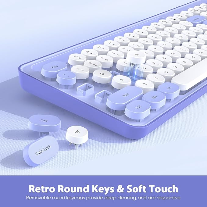 Wireless Keyboard and Mouse Combo, Retro Round Keycaps, Cute Full-Size Typewriter Keyboard with Phone Holder, Sleep Mode, Click Soft, 2.4GHz Cordless Connection for Windows/PC/Laptop