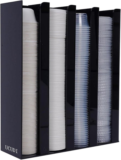 UCUDI Portion Sauce Cup Lid Holder for Restaurant 4 Compartments Plastic Sauce Cup Organizer Dispenser Fits Cups 2oz to 5.5oz in One Size for Counter or Wall Mount (Black)