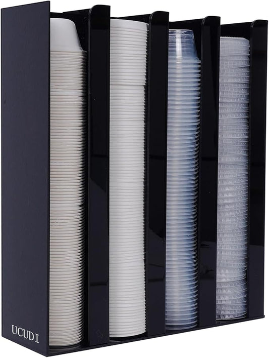 UCUDI Portion Sauce Cup Lid Holder for Restaurant 4 Compartments Plastic Sauce Cup Organizer Dispenser Fits Cups 2oz to 5.5oz in One Size for Counter or Wall Mount (Black)