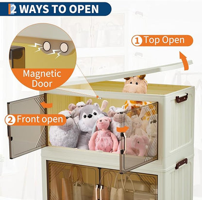 Garvee 240QT Stackable Storage Bins, Plastic Bins for Storage with Lids, Plastic Storages Drawers with Magnetic Doors & Wheels, Foldable Collapsible Closet Organizers for Home, Dorm, Office, White