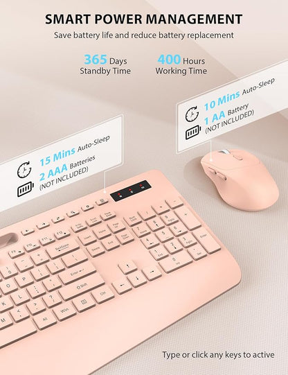 Trueque Wireless Keyboard and Mouse Combo - Full-Sized Ergonomic Keyboard with Wrist Rest, Phone Holder, Sleep Mode, Silent 2.4GHz Cordless Keyboards Mice Set for Computer, Laptop, PC, Windows (Pink)
