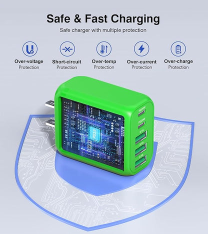 60W USB C Wall Charger Block,5-Port C Charger Fast Charging Block PD Power Adapter +QC 3.0 Multiport Type C Box Charger Cube USB A Wall Plug for iPhone 14/15/16/17 Pro Max Plus,Samsung(Green)(2-Pack)