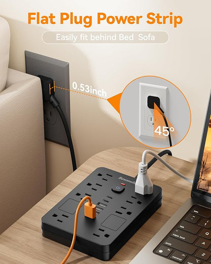 Surge Protector Power Strip - 8 Outlets(1850W/15A) with 6 USB Ports（2 USB C, 10FT Flat Plug Extension Cord, Wall Mount Multi Plug Outlet Extender, ETL Listed for Home, Dorm Room, Black