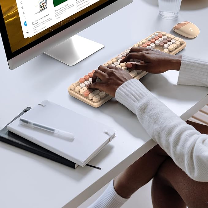 Wireless Keyboard and Mouse Combo, MOWUX Colorful Computer Full Size 2.4G Plug and Play Wireless Typewriter Keyboard and Mouse Set for Windows, Computer, Desktop, PC, Notebook (Milk Tea Colorful)