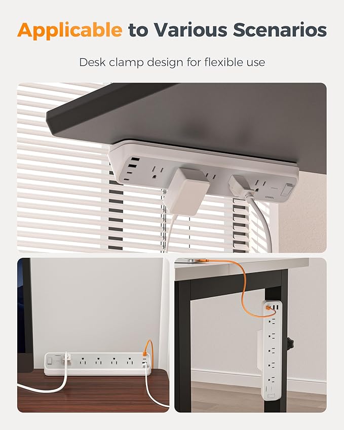 TESSAN Desk Clamp Power Strip 6 Ft, 2100J Surge Protector, 5 Outlets and 4 USB Ports (2 USB C), 1875W, 15A, Flat Plug Extension Cord with Multiple Outlets for Gaming Home Office Dorm Room