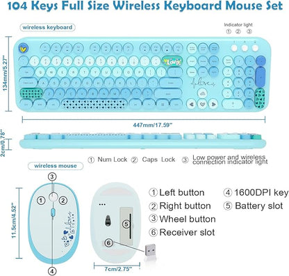 Wireless Keyboard Mouse Combo, MOFII 104 Round Keys Lovely Full-Size Cute Colorful Keyboard and Mouse with Retro Typewriter for PC/Mac/Laptop/Tablet/Computer/Windows Blue