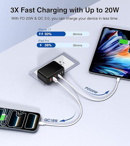 Fast Charger Block, GaN 6 Port USB C Charging Station Hub Cube, 100W Multiport Type C Wall Charger Power Strip Plug with PD 3.0+QC for iPhone 13 14 15 16 17 Pro Max XR XS 8 7, Samsung, iPad, Table