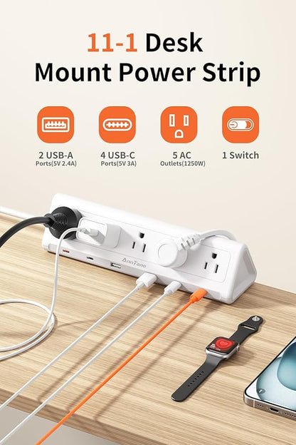 10 FT Desk Clamp Power Strip with 5 AC Outlets & 6 USB Ports PD 40W USB-C Fast Charging, 1250J Surge Protector, Fits 2.6 in top Edge White