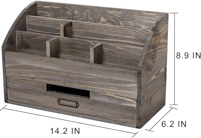 VERGOODR Rustic Wood Desk Organizer and Storage with Drawer and Pen Holder Bill Mail Organizer and Mail Holder for Countertop Kitchen Desk Decorative & Workspace Organizers(Rock Grey)