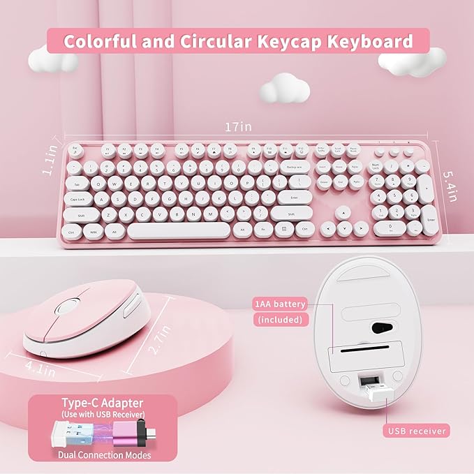 Wireless Keyboard and Mouse Combo, Ergonomic Full Size Typewriter Retro Round Keycaps Keyboard, Compatible with Windows, PC, Perfer for Home and Office Keyboards (Lovely Pink)