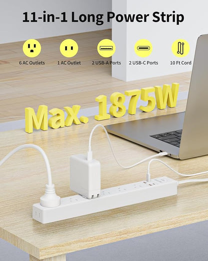 10 Ft Power Strip Surge Protector - 7 Outlets 4 USB Ports (2 USB C), Ultra Thin Flat Extension Cord & Flat Plug, 1700 Joules, Wall Mount, Desk Charging Station for Home Office Dorm, White