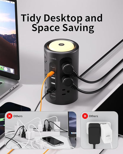 Surge Protector Power Strip Tower with 5 USB Ports and Night Light,10FT Extension Cord with 12 AC Multiple Outlets (Black, 10FT)