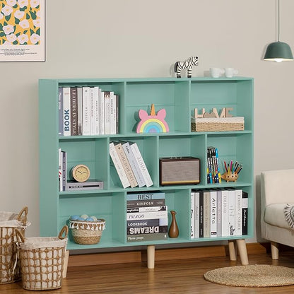 LEYAOYAO 10 Cube Bookshelf,3 Tier Modern Wide Bookcase with Legs,Mid-Century Wood Bookshelves Storage,Mint-Green Large Book Case,Freestanding Organizer Display Shelf for Bedroom,Living Room,Office